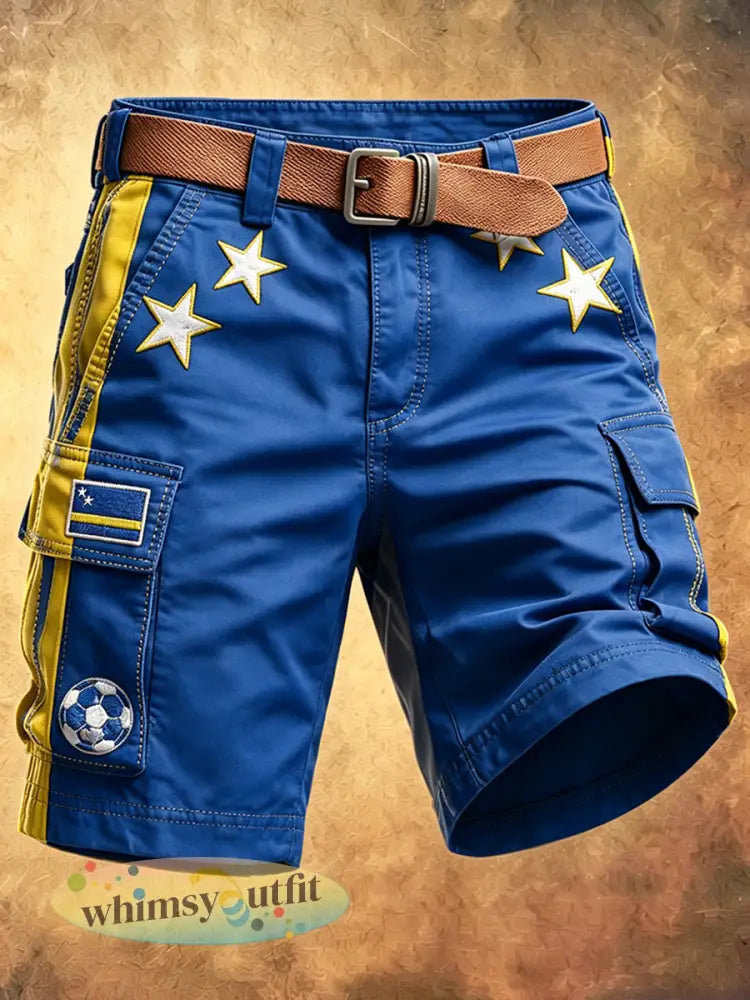 Blauwe Curaçao-voetbalprint vrijetijdskorte broek voor heren - Blauw / S