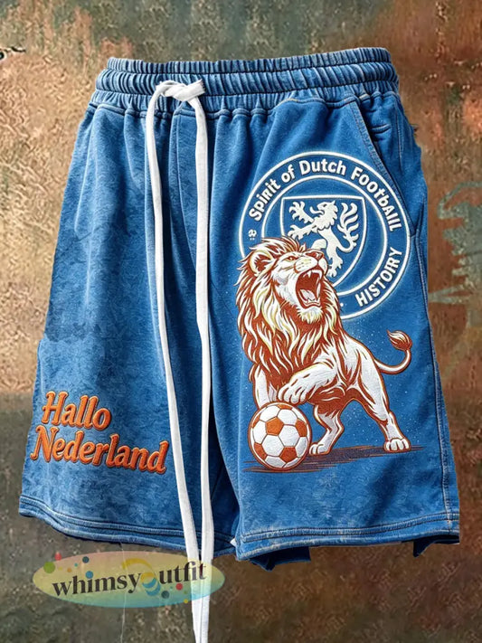 Blauwe informele sportshorts voor heren met Nederlandse voetbalprint en trekkoord - Blauw / S
