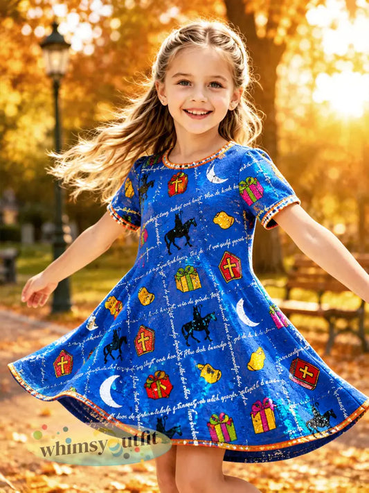 Blauwe seizoensprint jurk met korte mouwen voor meisjes met Sint-Nicolaasthema - Blauw / S
