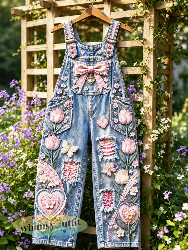 Blauwe vrijetijdse tuinbroek voor dames met bloemenprint en versleten effect - Blauw / S