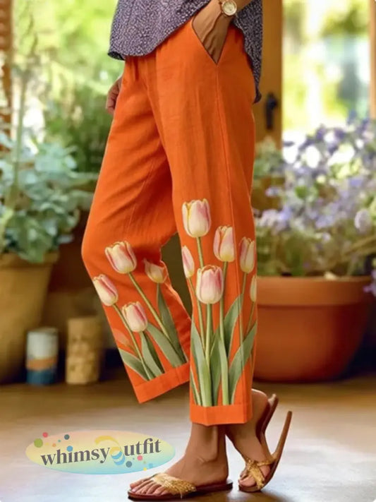 Casual broek van katoen en linnen met bloemenprint - Sinaasappel / S