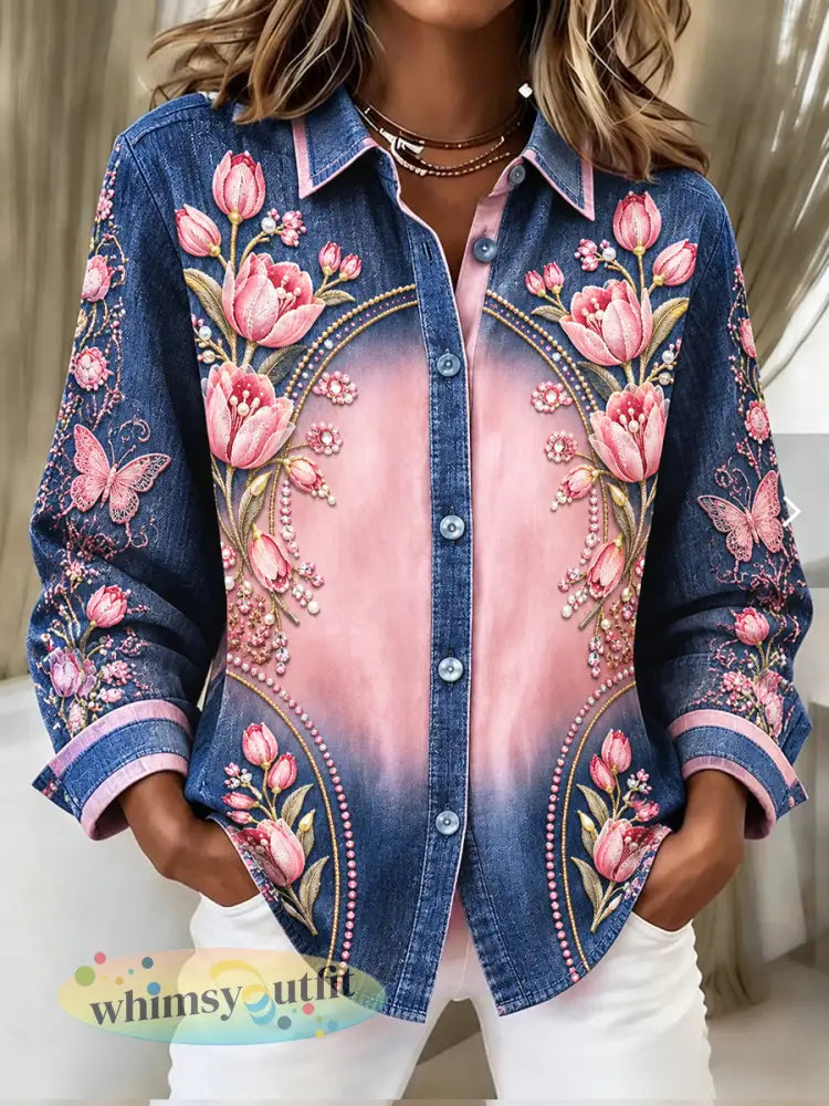 Casual damesoverhemd met kleurverloop en tulpbloemenprint - Veelkleurig / S