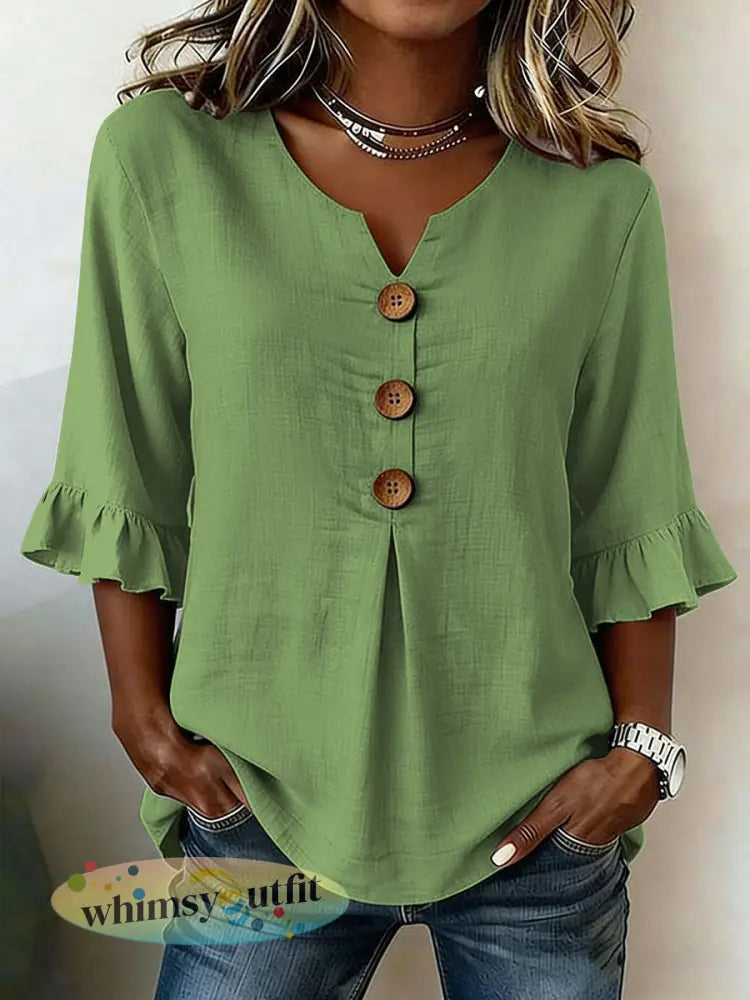 Casual damesshirt met ruches mouwen - Groen / S