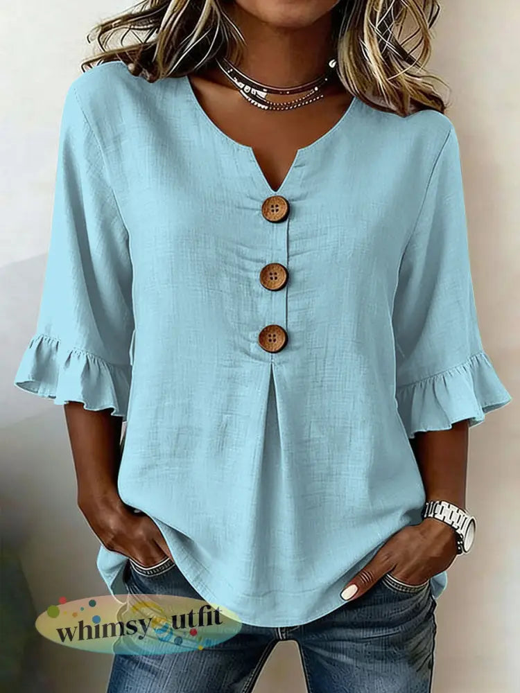 Casual damesshirt met ruches mouwen - Lichtblauw / S