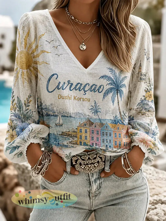 Casual damestop met V-hals en print met eilandvakantie-thema - A / S