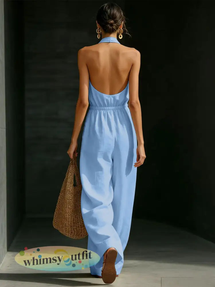 Casual effen kleur V-hals Halter rugloze jumpsuit voor dames