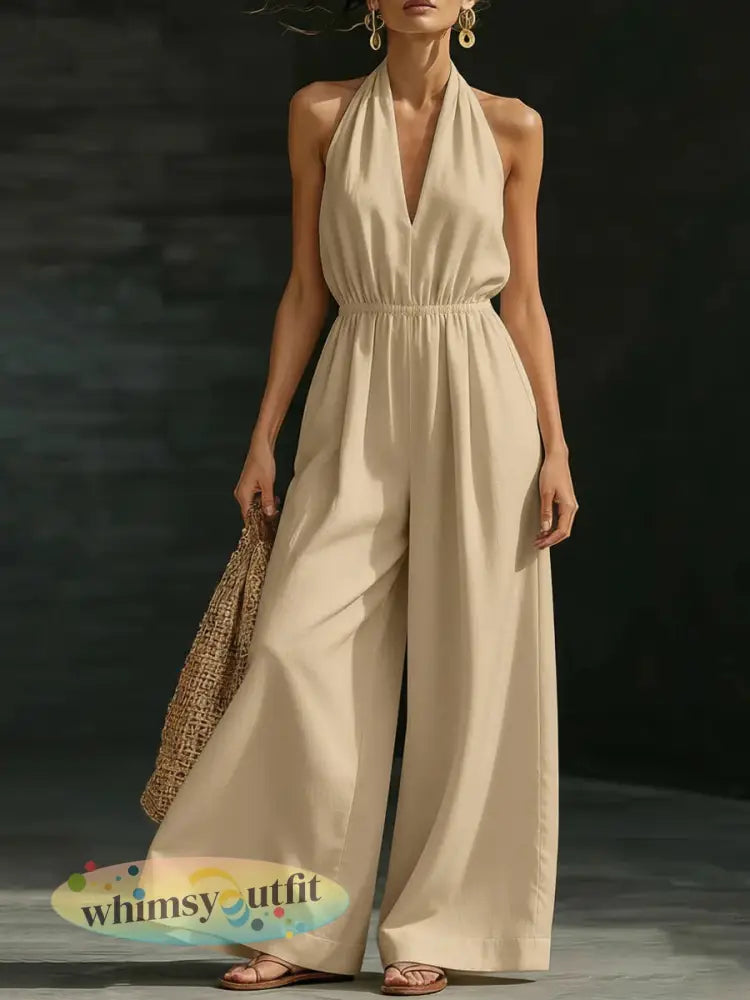 Casual effen kleur V-hals Halter rugloze jumpsuit voor dames - abrikoos / S