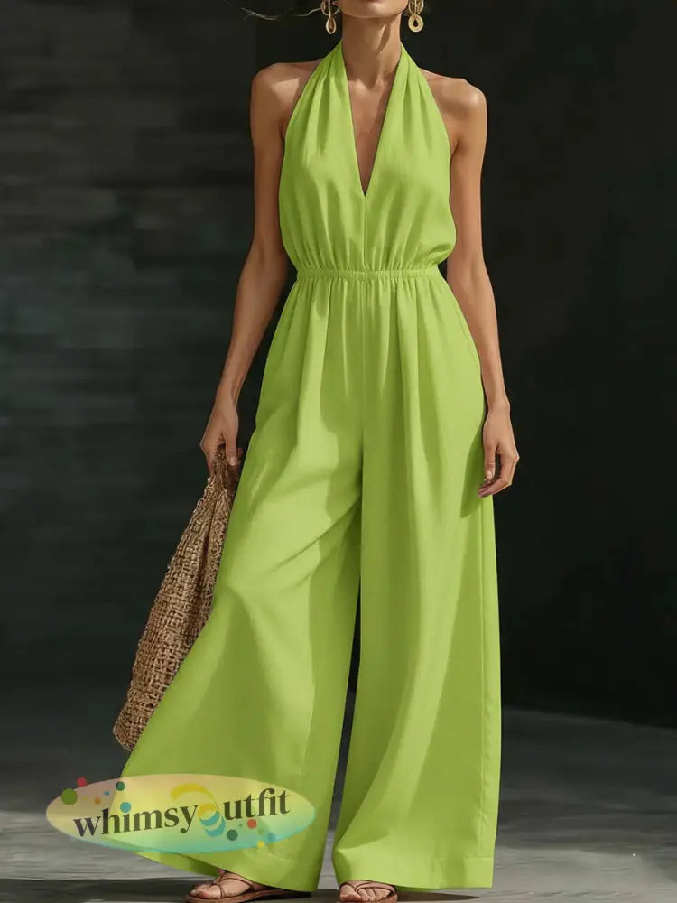 Casual effen kleur V-hals Halter rugloze jumpsuit voor dames - fluorescerend groen / S