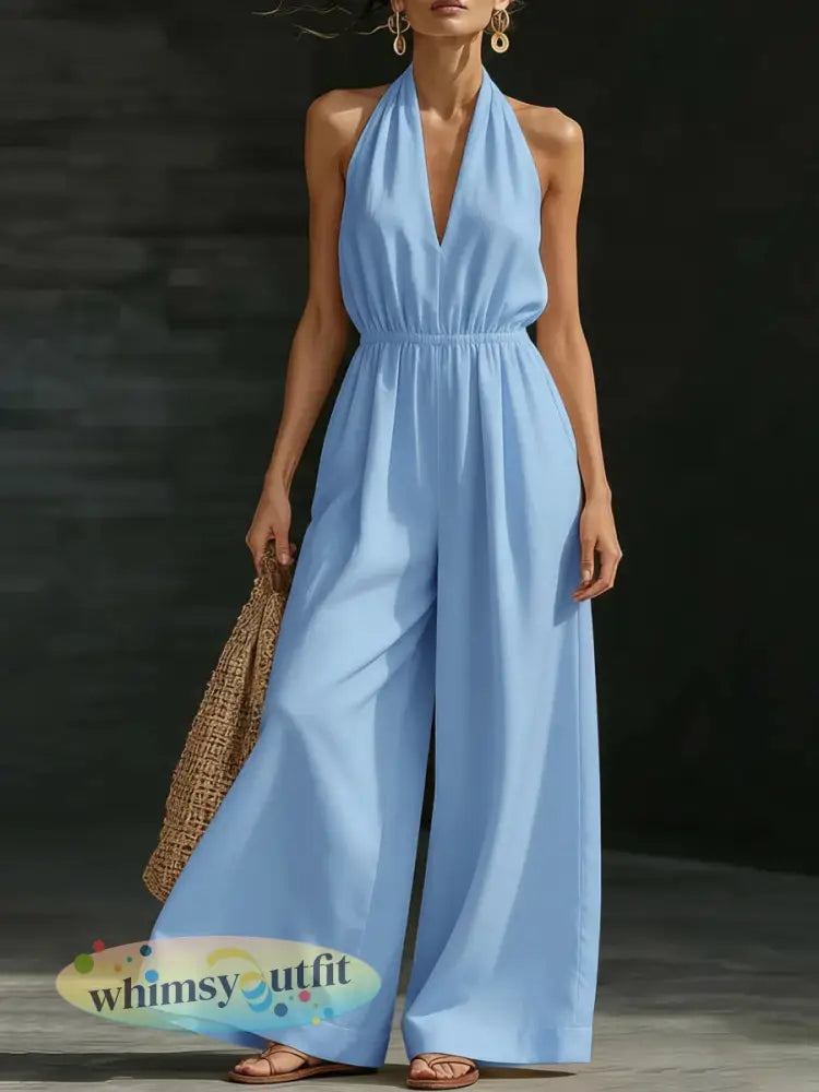 Casual effen kleur V-hals Halter rugloze jumpsuit voor dames - hemelsblauw / S