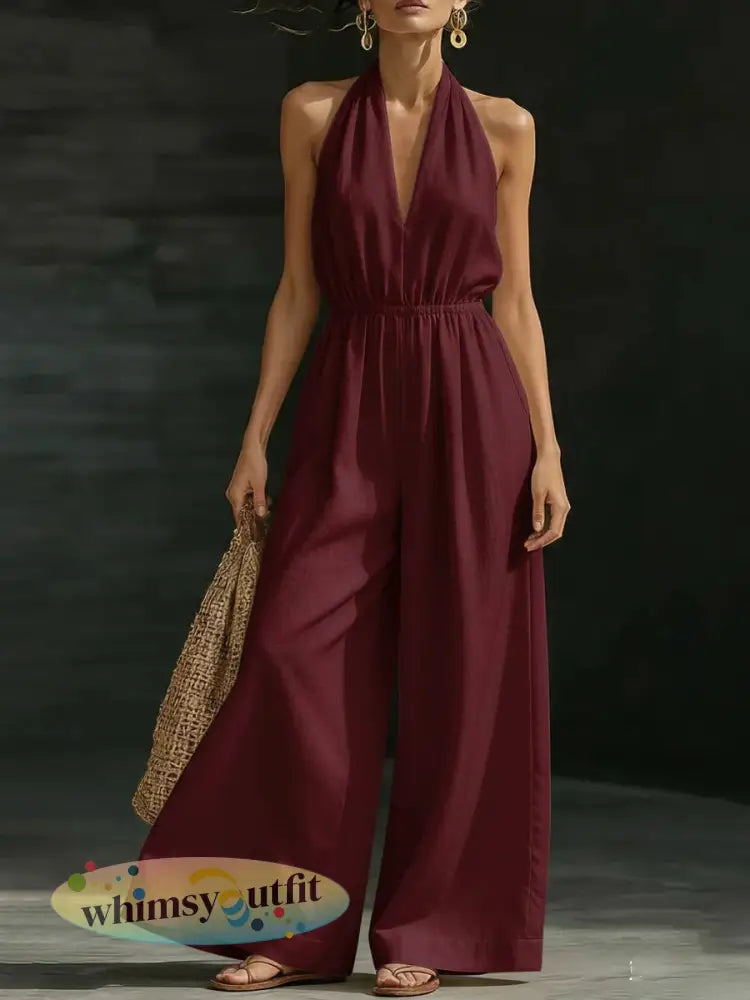 Casual effen kleur V-hals Halter rugloze jumpsuit voor dames - wijnrood / S