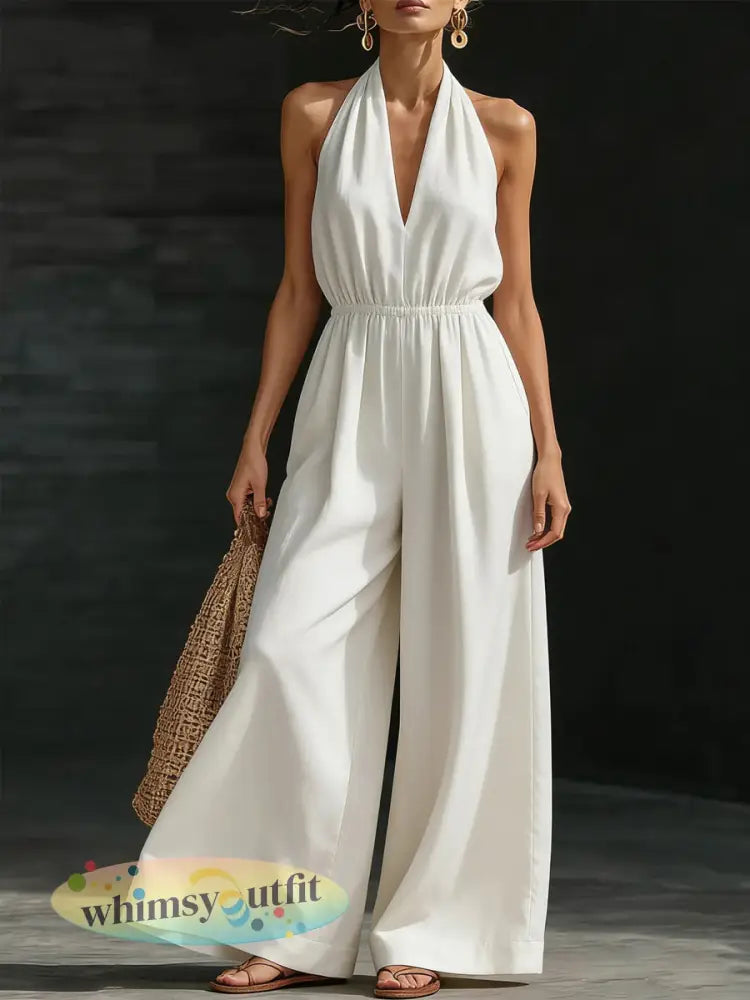 Casual effen kleur V-hals Halter rugloze jumpsuit voor dames - wit / S
