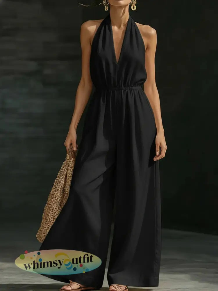 Casual effen kleur V-hals Halter rugloze jumpsuit voor dames - zwart / S