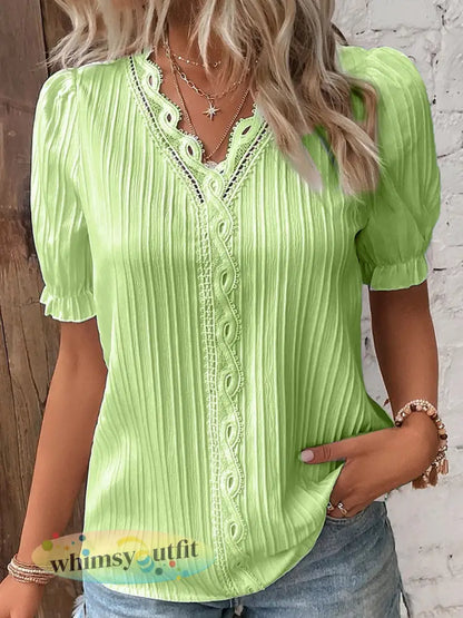 Casual elegant overhemd met kanten en korte mouwen voor dames - Fluorescerend Groen / S