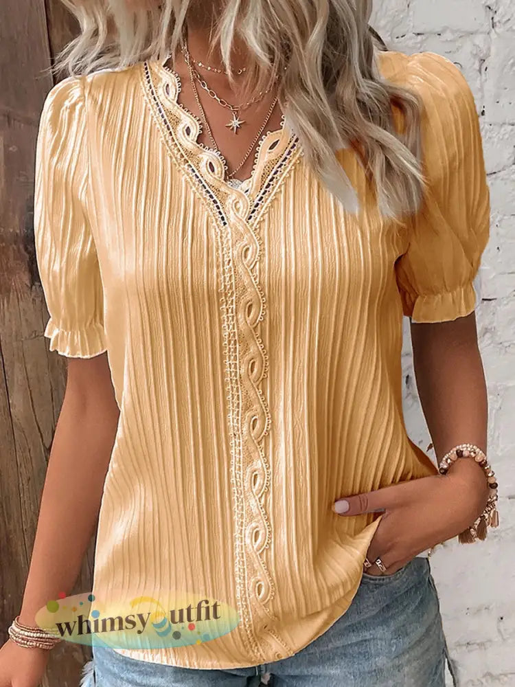 Casual elegant overhemd met kanten en korte mouwen voor dames - Geel / S
