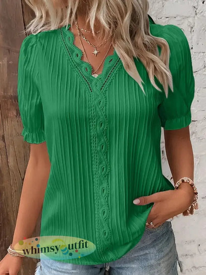 Casual elegant overhemd met kanten en korte mouwen voor dames - Groen / S