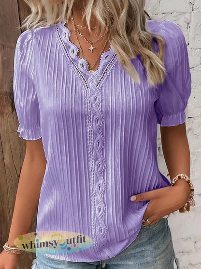 Casual elegant overhemd met kanten en korte mouwen voor dames - Paars / S