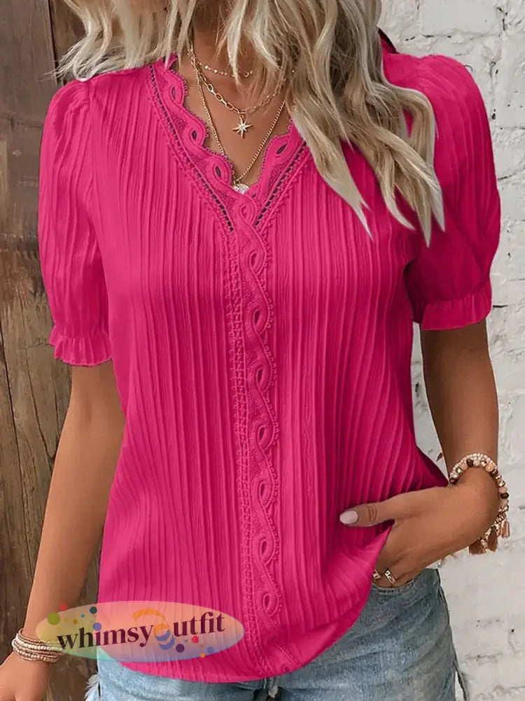 Casual elegant overhemd met kanten en korte mouwen voor dames - Rose Rood / S