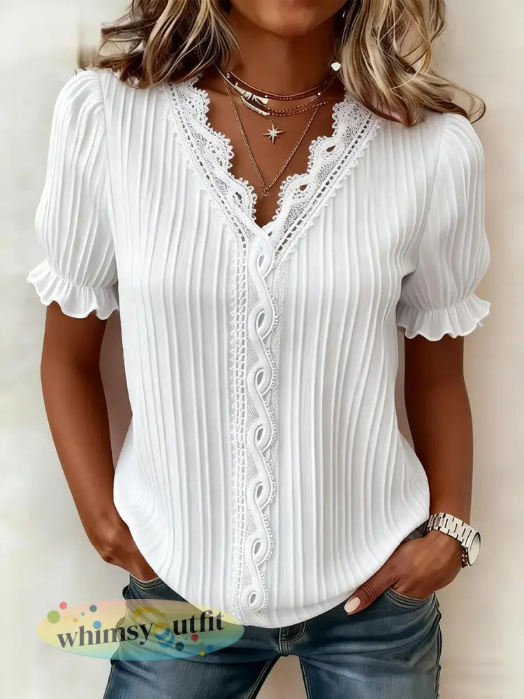 Casual elegant overhemd met kanten en korte mouwen voor dames - Wit / S