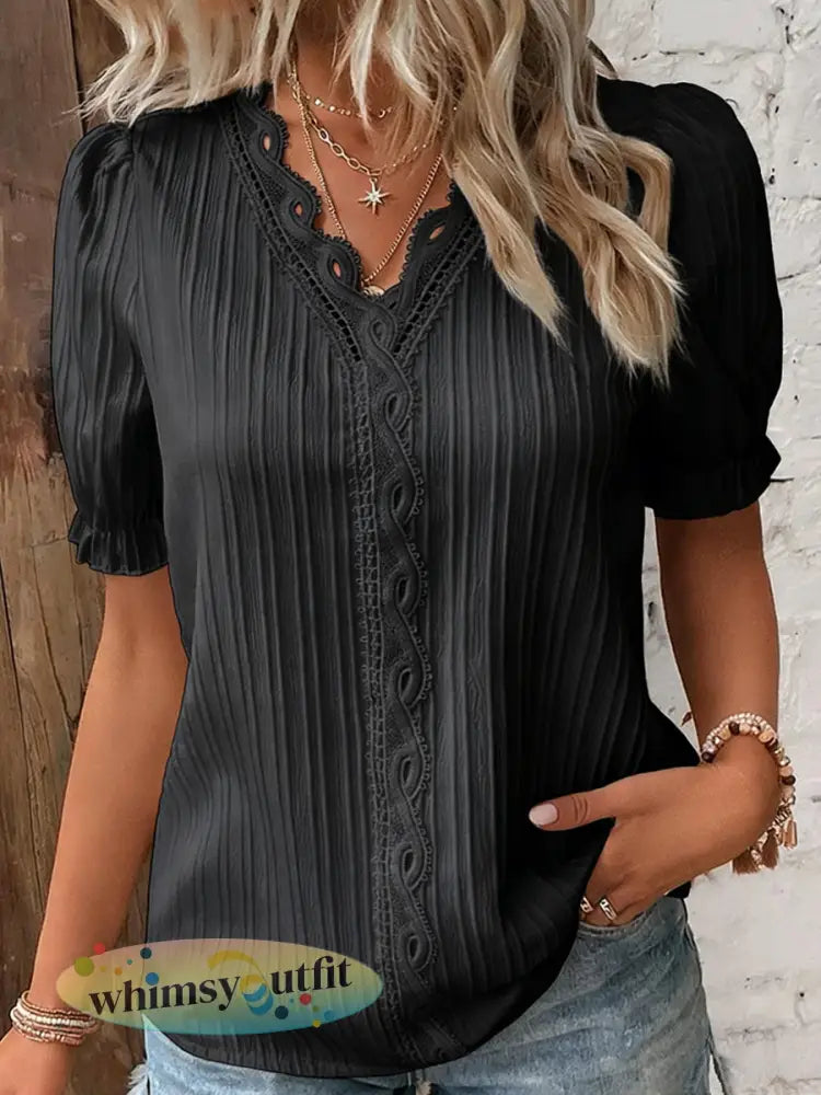 Casual elegant overhemd met kanten en korte mouwen voor dames - Zwart / S