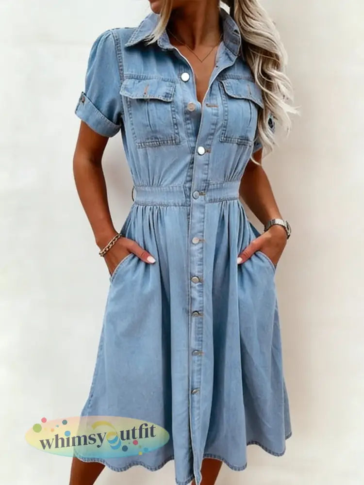 Casual elegante denim-jurk met korte mouwen voor dames - Blauw / S