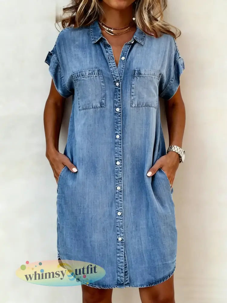 Casual elegante halflange denimjurk voor dames - Blauw / S