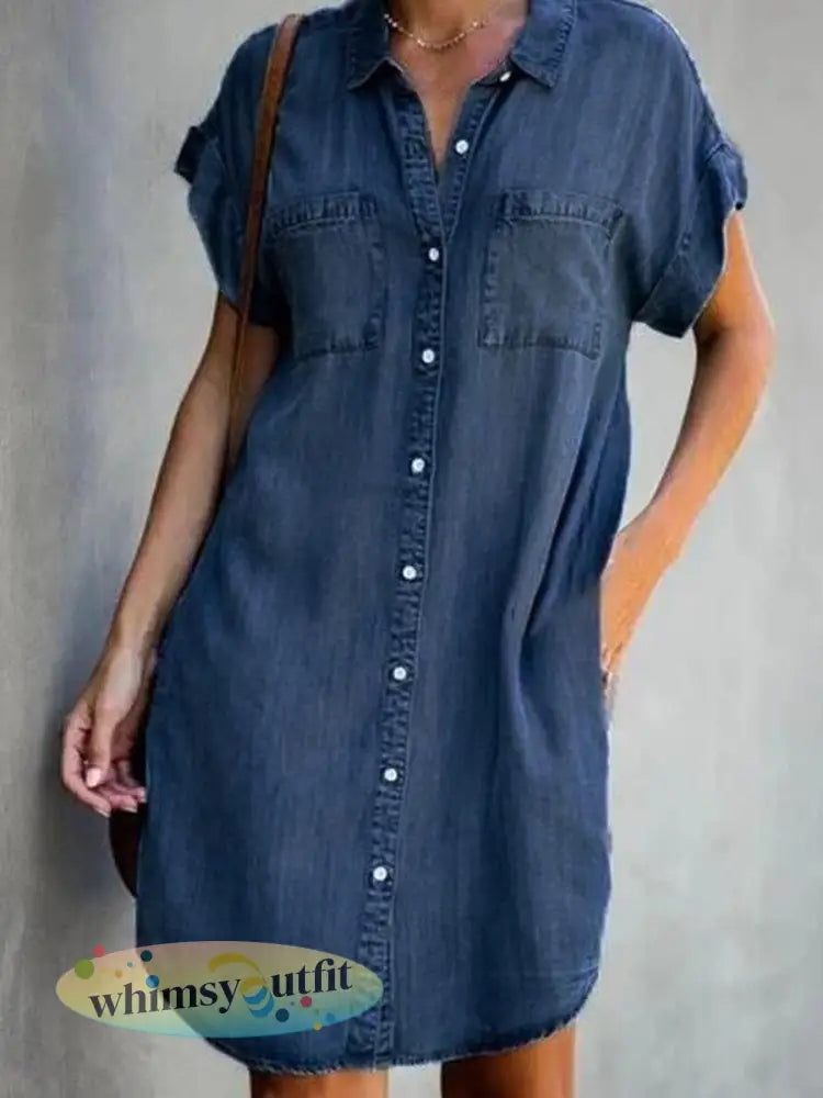 Casual elegante halflange denimjurk voor dames - Marineblauw / S