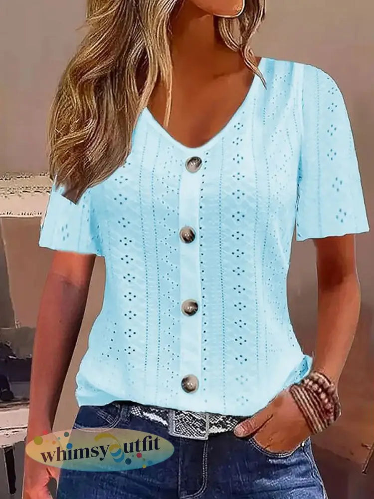 Casual elegante kanten top met korte mouwen voor dames - Lichtblauw / S