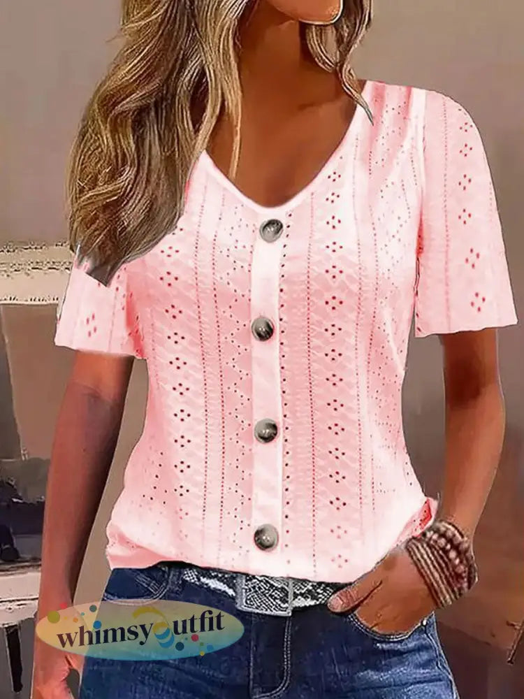 Casual elegante kanten top met korte mouwen voor dames - Roze / S