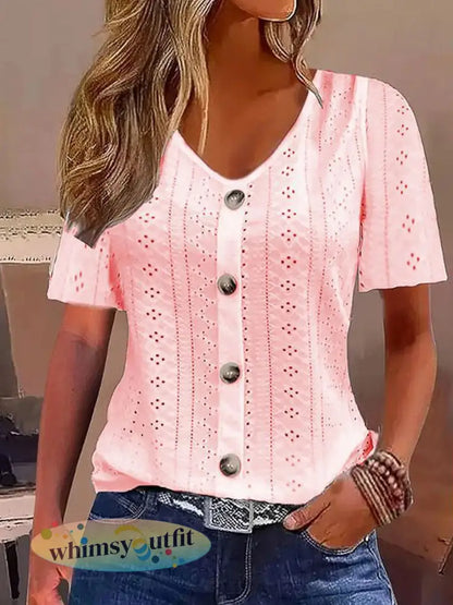 Casual elegante kanten top met korte mouwen voor dames - Roze / S