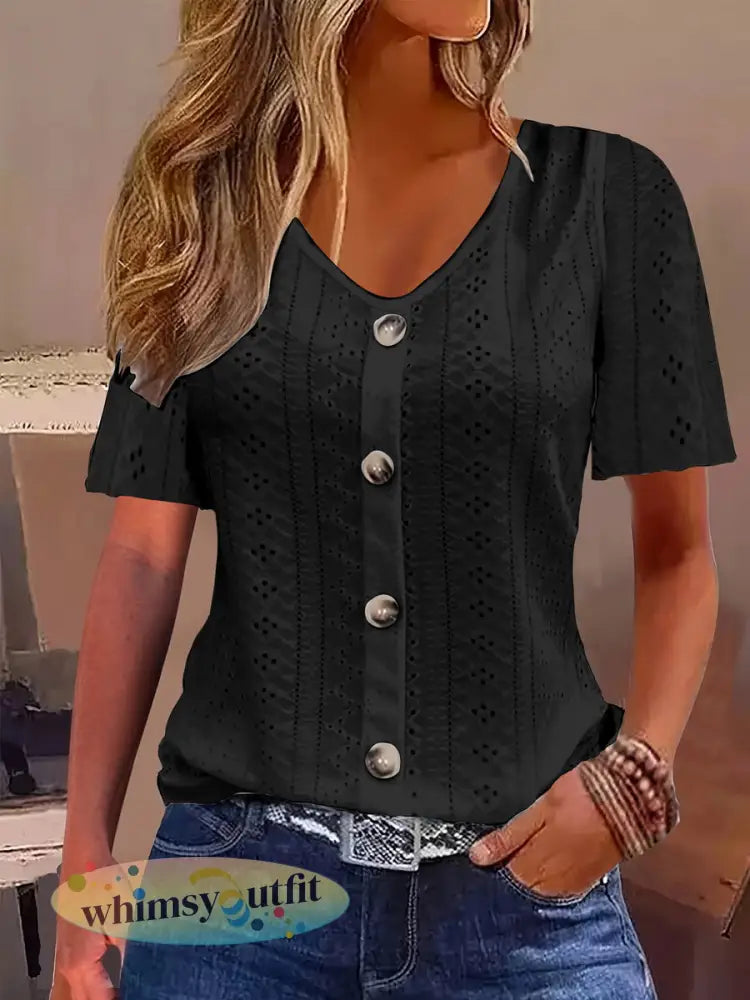 Casual elegante kanten top met korte mouwen voor dames - Zwart / S