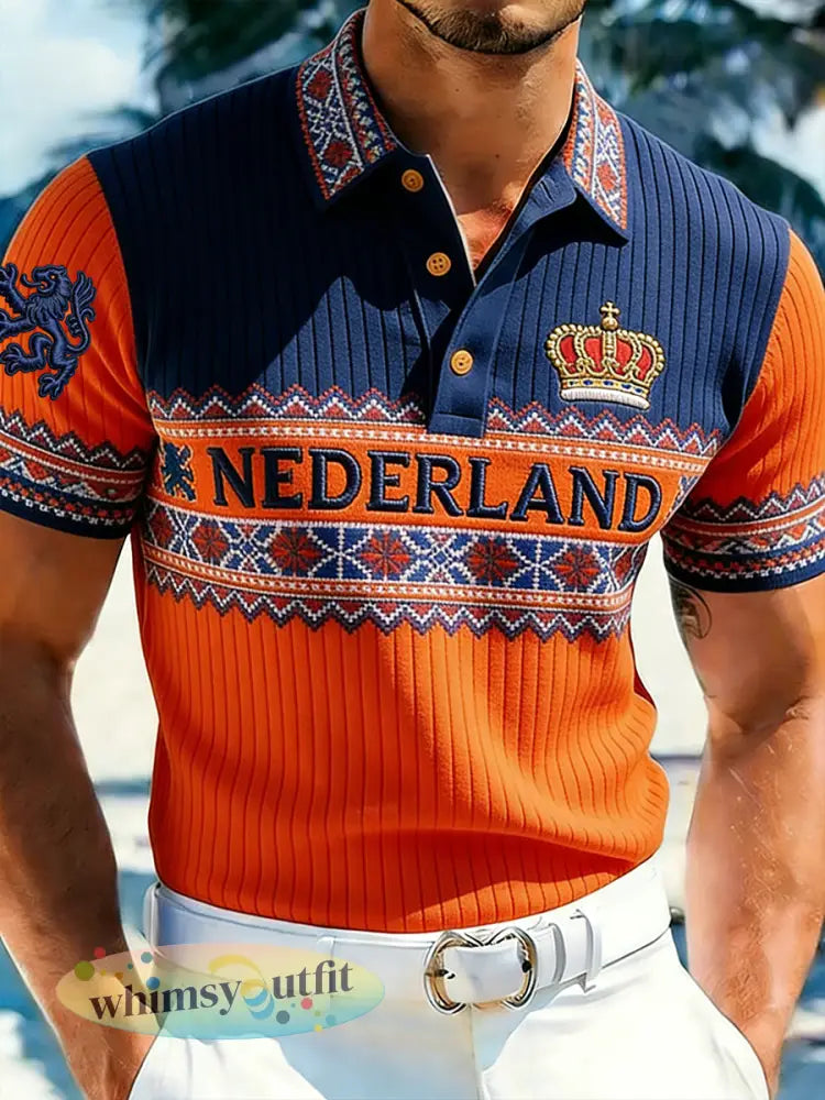 Casual gebreid poloshirt voor heren met etnische print met Koninginnedag-thema - A / S