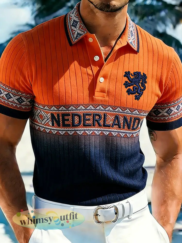 Casual gebreid poloshirt voor heren met etnische print met Koninginnedag-thema - A / S