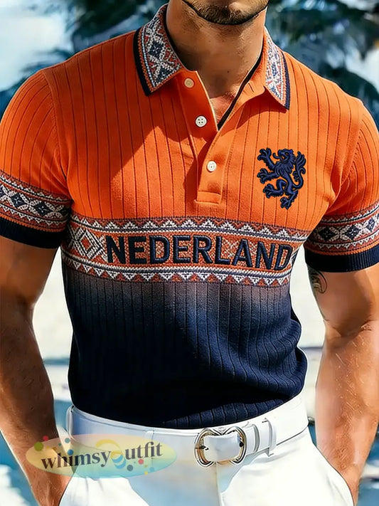 Casual gebreid poloshirt voor heren met etnische print met Koninginnedag-thema - A / S