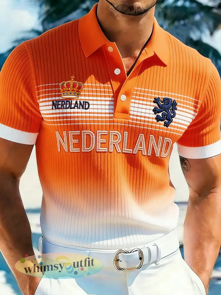 Casual gebreid poloshirt voor heren met etnische print met Koninginnedag-thema - A / S