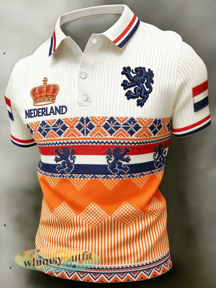 Casual gebreid poloshirt voor heren met etnische print met Koninginnedag-thema - A / S