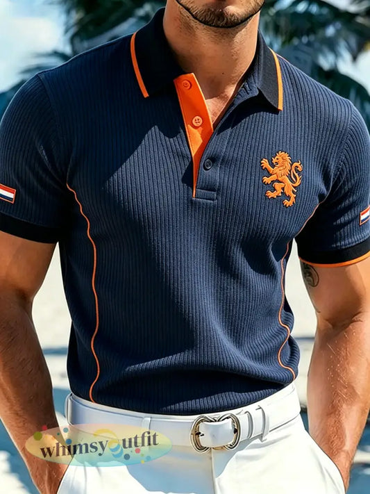 Casual gebreid poloshirt voor heren met print met Koningsdag-thema - A / S