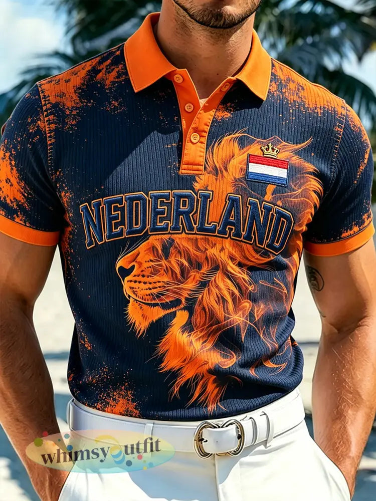 Casual gebreide poloshirt voor heren met print met koningsdag met thema - A / S