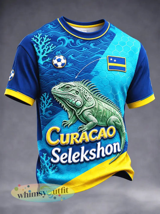 Casual heren-T-shirt met voetbal- en hagedisprint uit Curaçao - Veelkleurig / S