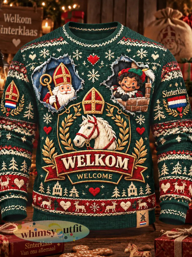 Casual herenblouse met lange mouwen en print voor Sinterklaas in Nederlandse stijl - Donkergroen / S