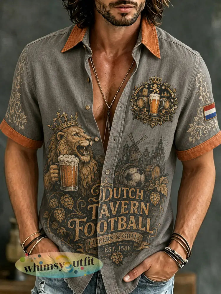 Casual herenoverhemd met korte mouwen en retroprint van een leeuw en bier - A / S
