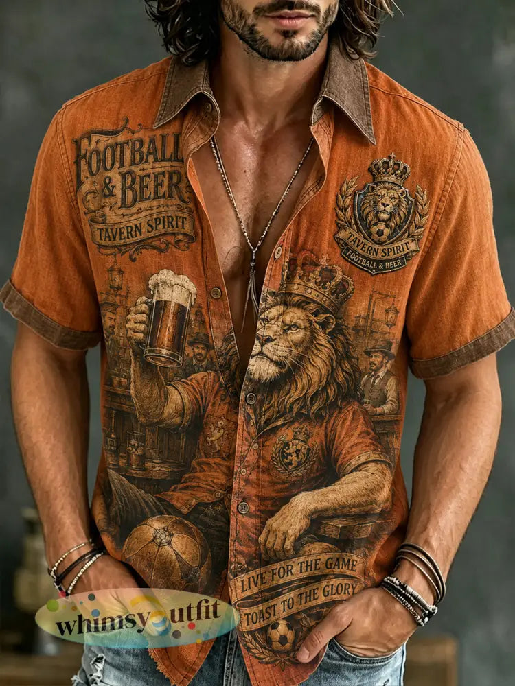 Casual herenoverhemd met korte mouwen en retroprint van een leeuw en bier - A / S
