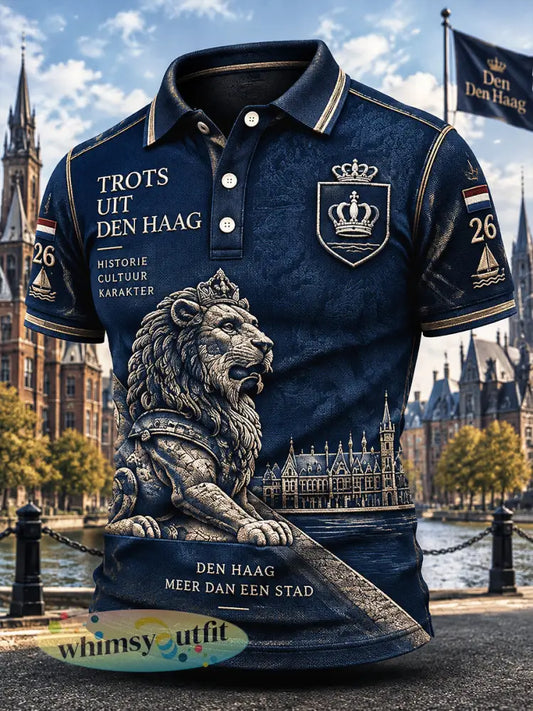 Casual herenpoloshirt met print van de Leeuw van Den Haag - Diep Blauw / S