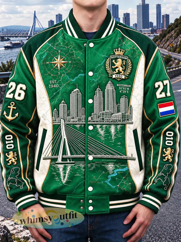 Casual honkbaljack voor heren met patchworkprint van Rotterdam City - Groen / S