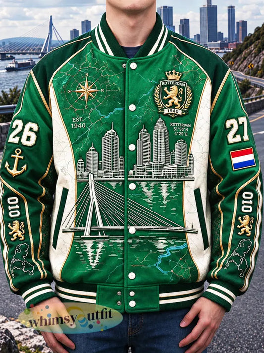 Casual honkbaljack voor heren met patchworkprint van Rotterdam City - Groen / S
