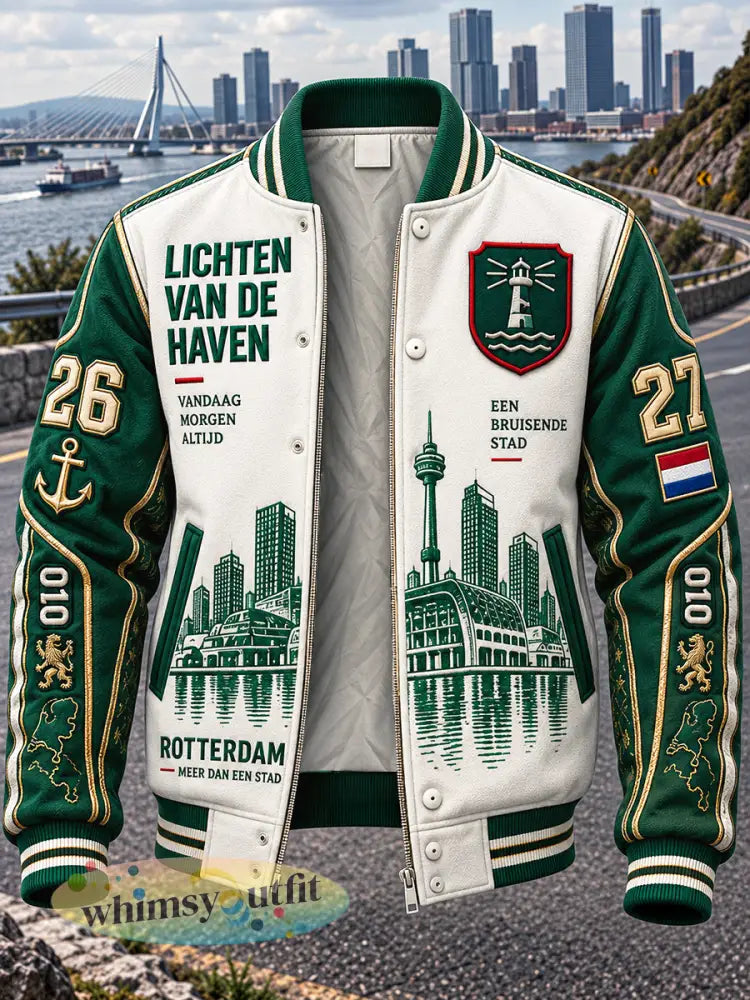 Casual honkbaljack voor heren met Rotterdam-stadspatroon - Wit / S