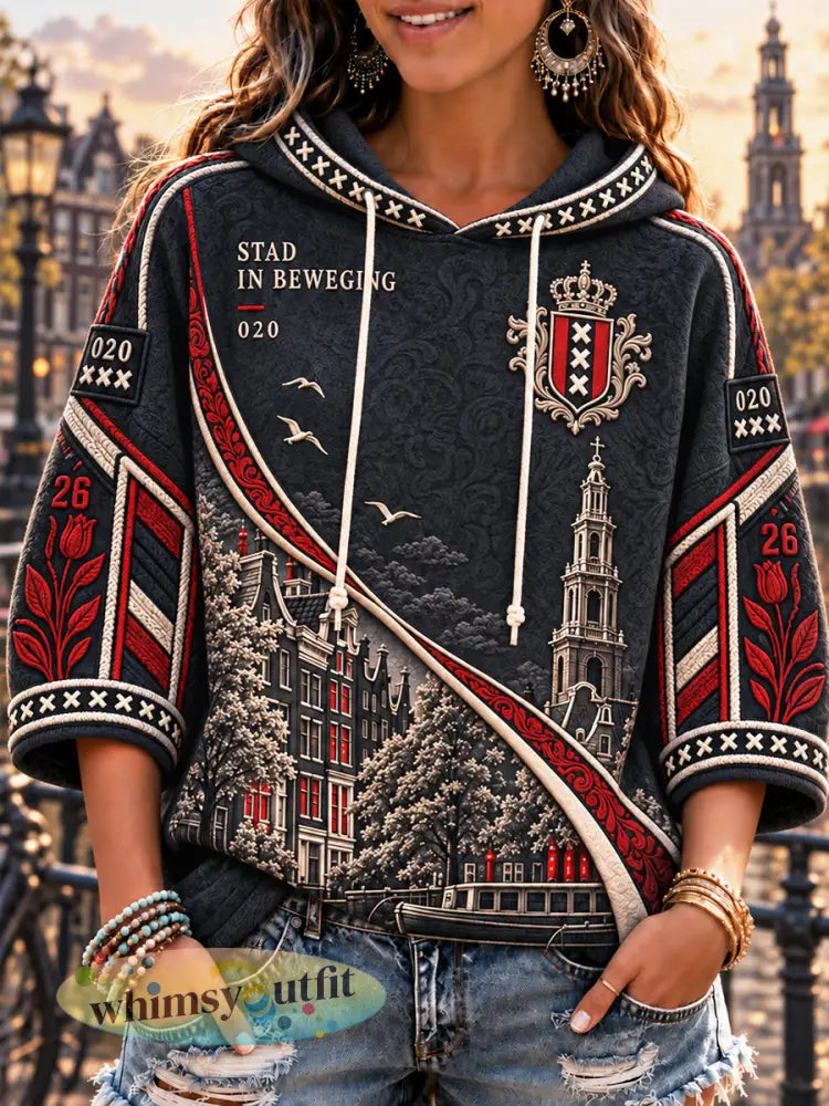Casual hooded sweatshirt voor dames met Amsterdam-stadspatroon - Zwart / S