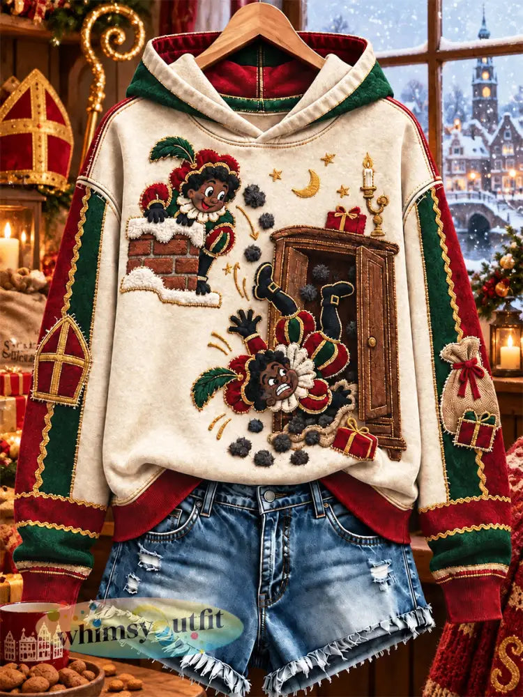 Casual hooded sweatshirt voor dames met patchworkprint en Sinterklaas-thema - Romig-Wit / S