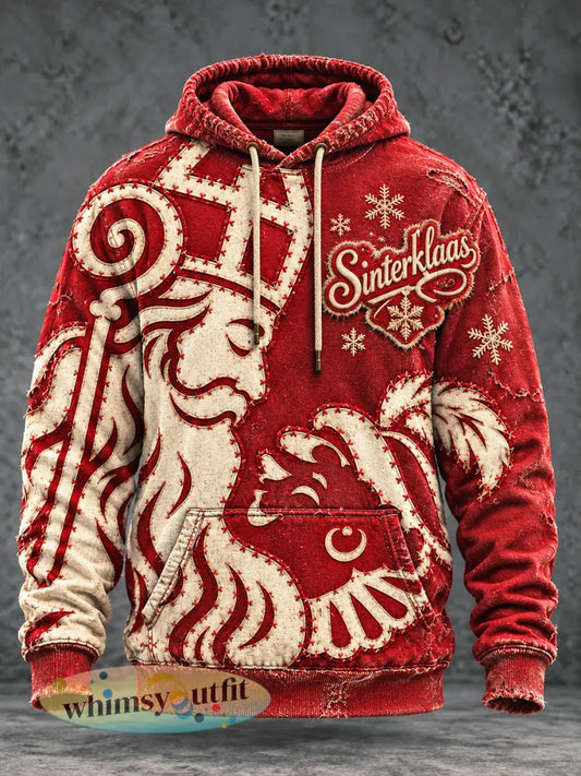 Casual hooded sweatshirt voor heren met patchworkprint en Sinterklaasthema - Rood / S