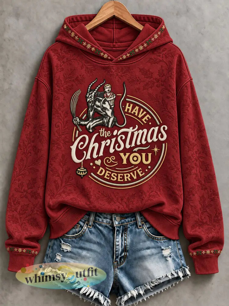 Casual hoodie met kerstprint voor dames afgebeeld met Krampus - Diep Rood / S