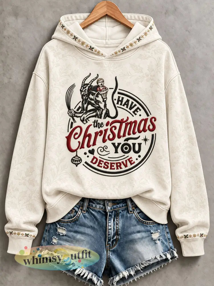 Casual hoodie met kerstprint voor dames afgebeeld met Krampus - Romig-Wit / S